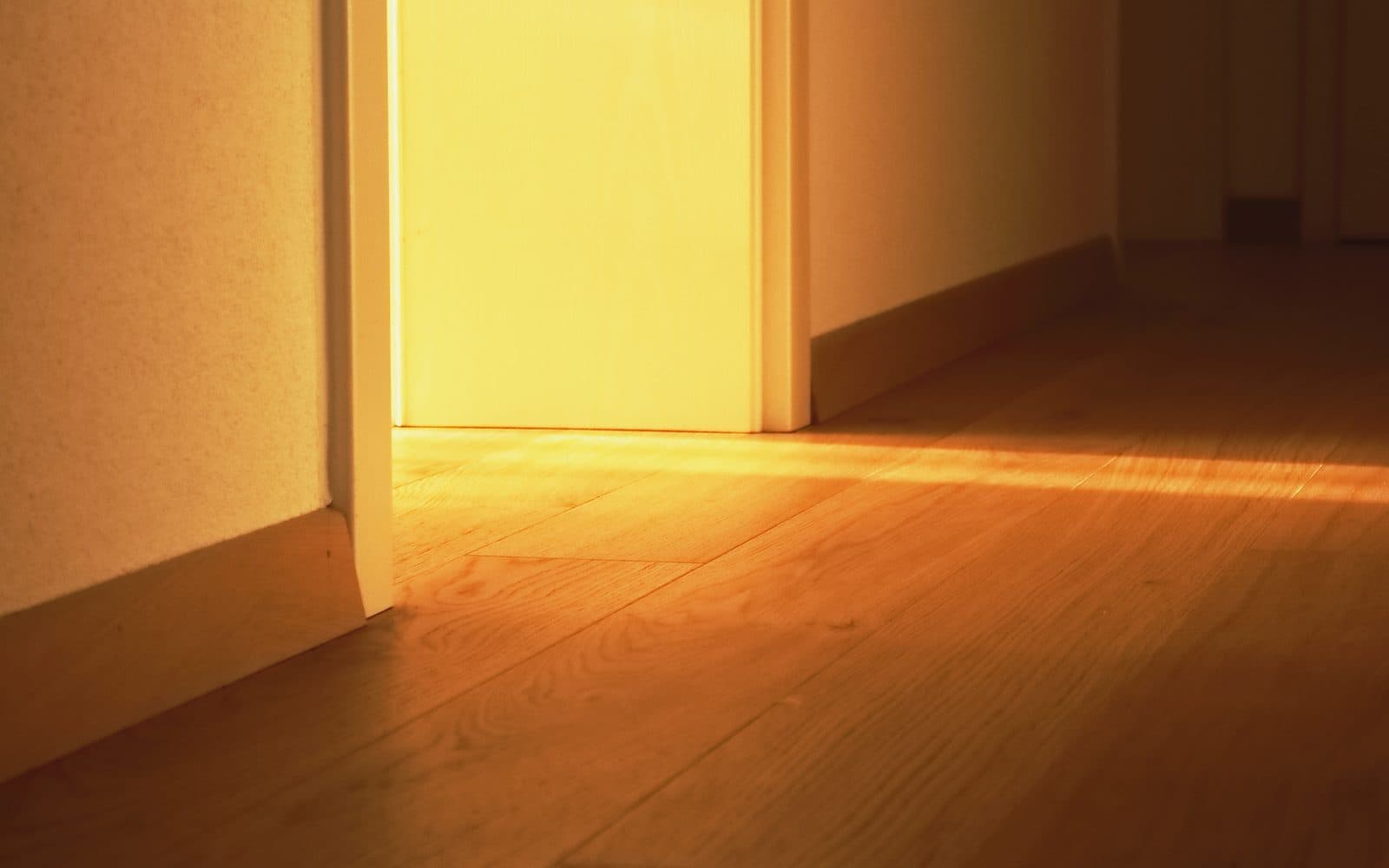 Lames de parquet au pied d'une plinthe, dans un passage de porte baigné de lumière rasante